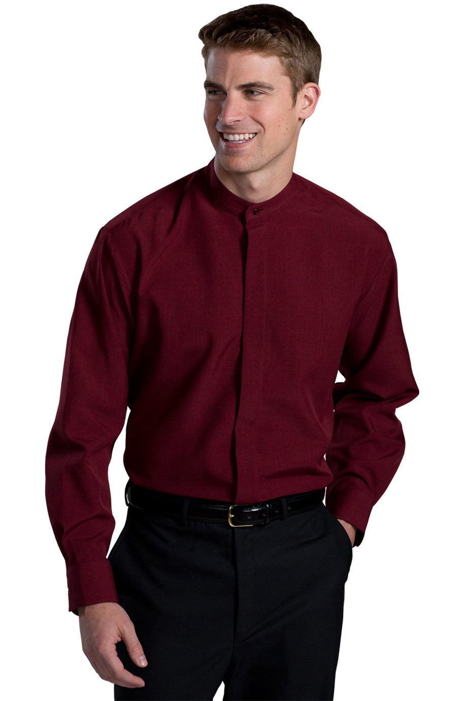 Edwards Garment Men's Big and Tall Banded Collar Shirt, Burgundy, Large Tall